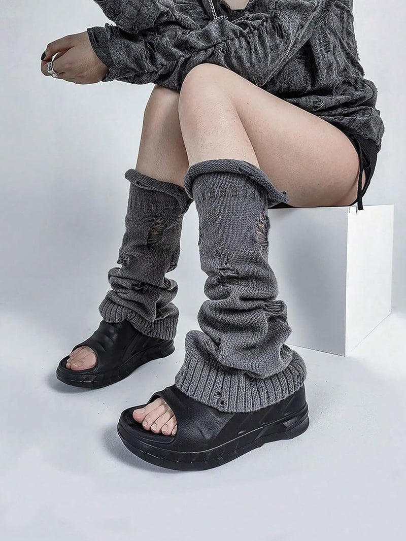 IKIOU Gothic Distressed Leg Warmers, Black White Gray, Knit Material, One Size, Y2K Alternative Fashion Style, Slouchy Design - Image 3